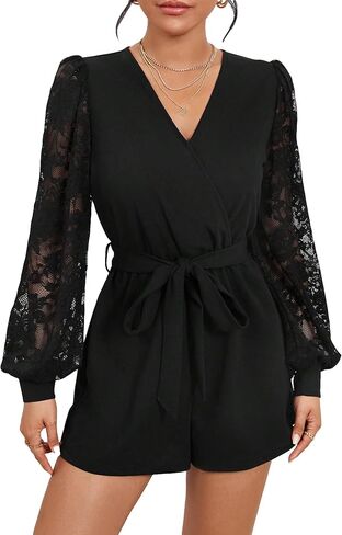 WDIRARA Women's Floral Lace Bishop Long Sleeve V Neck Belted Romper High Waist Shorts in Saudi Arabia