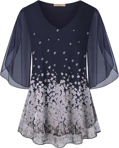 بلوزات نسائية شبكية مكشكشة من Cestyle - بلوزات فضفاضة واسعة بأكمام 3/4 in Kuwait