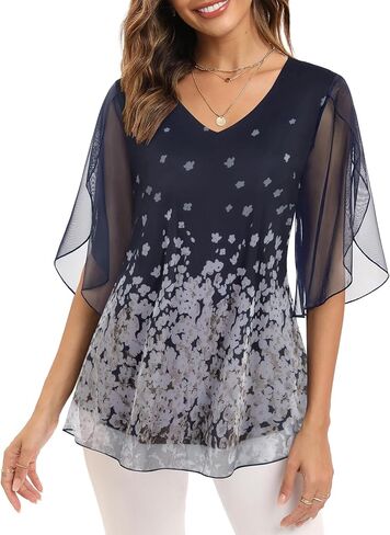 بلوزات نسائية شبكية مكشكشة من Cestyle - بلوزات فضفاضة واسعة بأكمام 3/4 in Kuwait