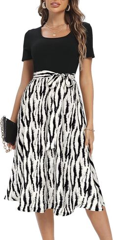 Aeuui Summer Dresses for Women 2024 Short Sleeve Elastic Waist Casual Dresses Ribbed Floral Work Midi Dress with Pockets in Kuwait