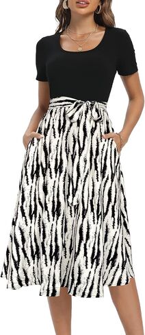 Aeuui Summer Dresses for Women 2024 Short Sleeve Elastic Waist Casual Dresses Ribbed Floral Work Midi Dress with Pockets in Kuwait