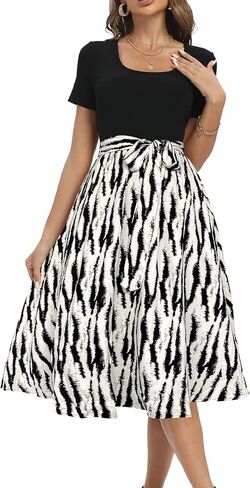 Aeuui Summer Dresses for Women 2024 Short Sleeve Elastic Waist Casual Dresses Ribbed Floral Work Midi Dress with Pockets in Kuwait