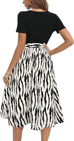 Aeuui Summer Dresses for Women 2024 Short Sleeve Elastic Waist Casual Dresses Ribbed Floral Work Midi Dress with Pockets in Kuwait