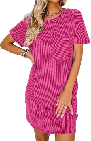 فستان LOLONG نسائي صيفي كاجوال فضفاض بأكمام قصيرة ورقبة دائرية فساتين مضلعة in Kuwait