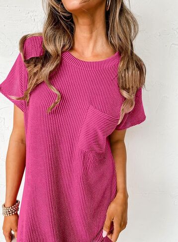 فستان LOLONG نسائي صيفي كاجوال فضفاض بأكمام قصيرة ورقبة دائرية فساتين مضلعة in Kuwait