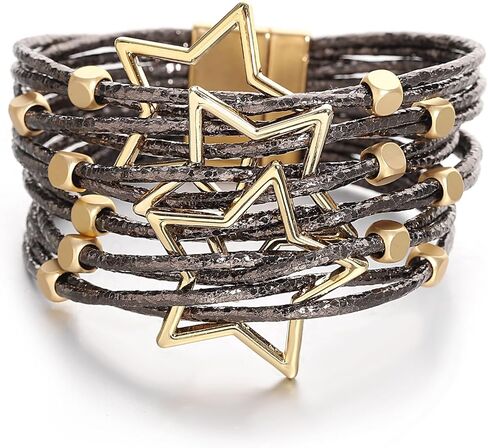 hotoo Leather Wrap Bracelet for Women Stackable Wristband with Pentagrams-Shape Bohemian Multi-Layer Wrap Bangle Boho Star Cuff Beads Bracelet with Buckle for Teen Girls Christmas Birthday Gifts in Kuwait
