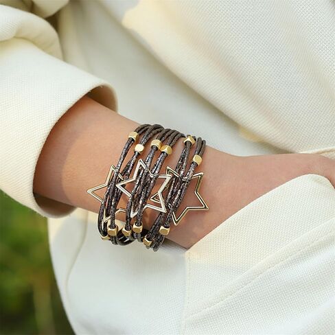 hotoo Leather Wrap Bracelet for Women Stackable Wristband with Pentagrams-Shape Bohemian Multi-Layer Wrap Bangle Boho Star Cuff Beads Bracelet with Buckle for Teen Girls Christmas Birthday Gifts in Kuwait
