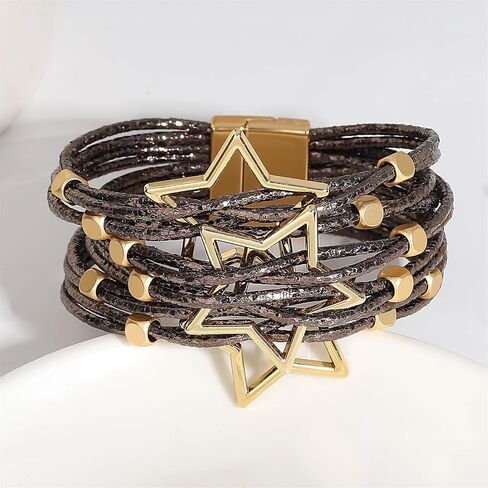 hotoo Leather Wrap Bracelet for Women Stackable Wristband with Pentagrams-Shape Bohemian Multi-Layer Wrap Bangle Boho Star Cuff Beads Bracelet with Buckle for Teen Girls Christmas Birthday Gifts in Kuwait
