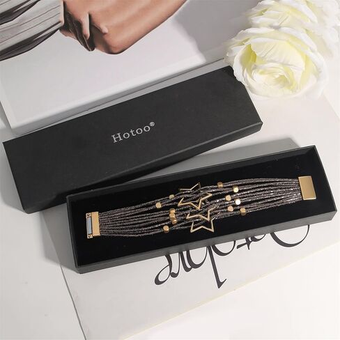 hotoo Leather Wrap Bracelet for Women Stackable Wristband with Pentagrams-Shape Bohemian Multi-Layer Wrap Bangle Boho Star Cuff Beads Bracelet with Buckle for Teen Girls Christmas Birthday Gifts in Kuwait