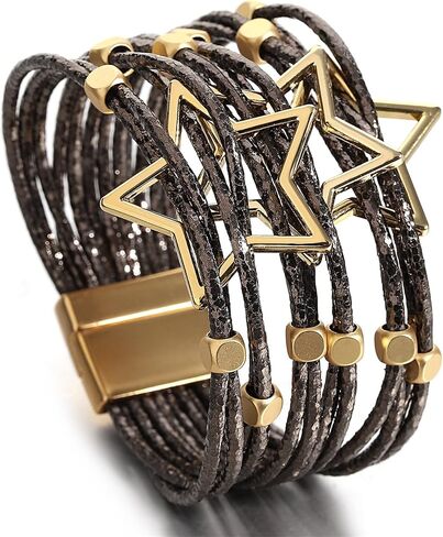 hotoo Leather Wrap Bracelet for Women Stackable Wristband with Pentagrams-Shape Bohemian Multi-Layer Wrap Bangle Boho Star Cuff Beads Bracelet with Buckle for Teen Girls Christmas Birthday Gifts in Kuwait