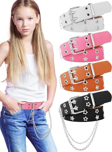 Newcotte 4 Pcs Kids Double Grommet Belts with Star Holes PU Leather 2-Row Grommet Adjustable Waist Kids Belts for Girls Teen Dress in Saudi Arabia