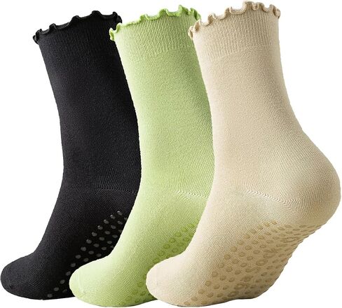 3 Pairs Pilates Socks with Grips Non-slip Ruffle Yoga Socks Grip Socks for Women in Saudi Arabia