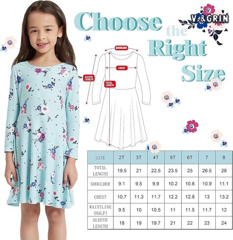 V.&GRIN Girls Spring Dress 2T to Size 8, Long Sleeve Unicorn Floral Twirly Casual Cute Kids Dress Clothes Vestidos para Niñas in Saudi Arabia