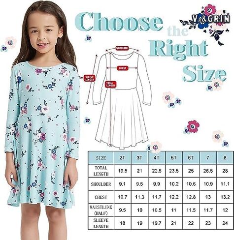 V.&GRIN Girls Spring Dress 2T to Size 8, Long Sleeve Unicorn Floral Twirly Casual Cute Kids Dress Clothes Vestidos para Niñas in Saudi Arabia