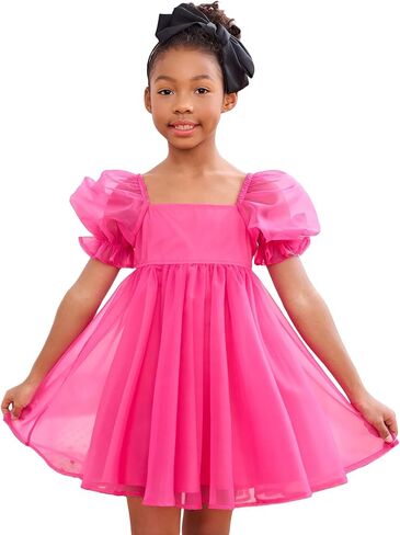 WDIRARA Girl's Mesh Short Puff Sleeve Square Neck High Waist Flared Hem Zipper A Line Dress in Saudi Arabia
