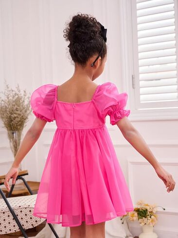 WDIRARA Girl's Mesh Short Puff Sleeve Square Neck High Waist Flared Hem Zipper A Line Dress in Saudi Arabia