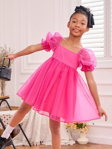 WDIRARA Girl's Mesh Short Puff Sleeve Square Neck High Waist Flared Hem Zipper A Line Dress in Saudi Arabia