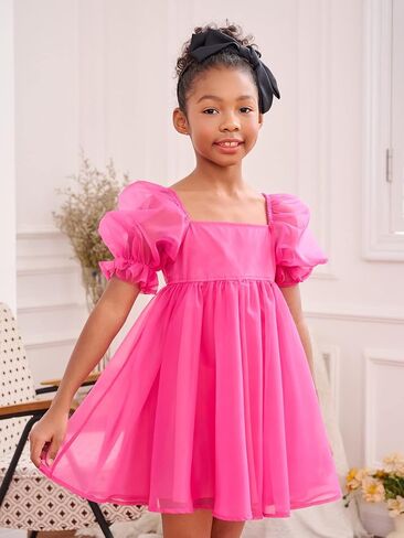 WDIRARA Girl's Mesh Short Puff Sleeve Square Neck High Waist Flared Hem Zipper A Line Dress in Saudi Arabia