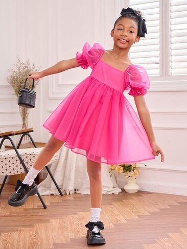 WDIRARA Girl's Mesh Short Puff Sleeve Square Neck High Waist Flared Hem Zipper A Line Dress in Saudi Arabia