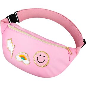 Sotiff Preppy Patch Nylon Fanny Pack Lightning Waist Pack Bag Adjustable Smile Face Fanny Packs for Women Water Resistant Rainbow Fanny Bag for Girls (Purple)