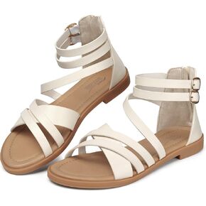SHIBEVER Gladiator Strappy Sandals for Women: Dressy Summer Comfortable Flat, Back Zipper Roman Comfy Womens Sandals