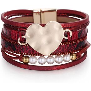 Long tiantian Leather Wrap Bracelets for Women Trendy Heart Modern Women's Bracelet Bracelets for Women Trendy Multi-Layer Leather Cuff Bangle Crystal Beads Cuff Bracelet Jewelry Gifts for Teen Girls