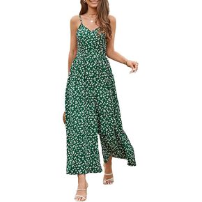 LAISHEN Wide Leg Jumpsuits for Women Casual 2023 Summer Floral Long Rompers Smocked Sleeveless Jumpers with Pockets