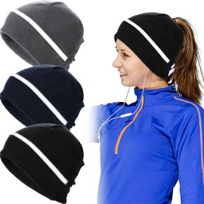 3 Pieces Reflective Fleece Running Ponytail Hat Women Safety Beanie with Ear Covers Cold Weather Skull Cap