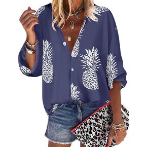 ZXZY Women Pineapple Printed Lapel Collar Half Sleeves Buttons Down Blouse Shirt