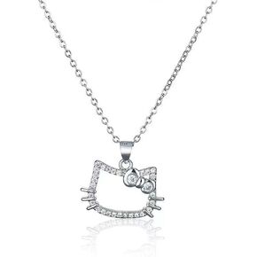 Diamond Cat Necklace Sterling Silver Cute Cubic Zirconia Bow Kitten Pendant Necklace Funny Cartoon Animal Cat Necklace Chain Jewelry Gifts for Women Teen Girls