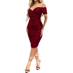 Uni Clau Women's Sexy V Neck Off Shoulder Ruched Bodycon Dress Long Sleeve Slim Fit Cocktail Midi Dress Party Dresses