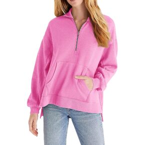 سترة Fisoew النسائية الكاجوال بنصف سحاب وأكمام طويلة وبلوفرات فضفاضة للتمرين مع جيوب in Kuwait