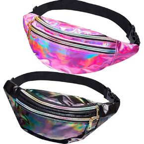 2 Pieces Holographic Fanny Pack,Hologram PU Waist Pack Waterproof Shiny Waist Bag,Laser Waist Bum Bag Adjustable Belt,Metallic Color Sport Waistbag,Fashion Rave Waist Bag(Shiny Silver and Pink)