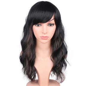 SYMEIW Medium Long Black Wavy Wigs For Women Synthetic Full Hair Natural Black Wigs With Side Bangs For Daily Use 16 Inches (NATURAL BLACK(1#))