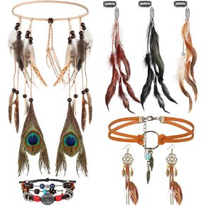 Huquary 7 Piece Indian Native American Jewelry Set for Women Halloween Costumes Bohemian Headdress Feather Accessories Retro Drop Necklace Earrings Bracelets Hair Band Hair Extensions in Kuwait