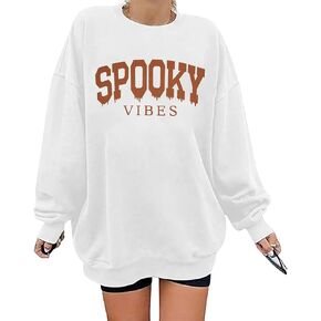 BANGELY Oversized Halloween Sweatshirt Women Vintage Spooky Season Pullover Top Spooky Vibes Letter Print Long Sleeve Shirt
