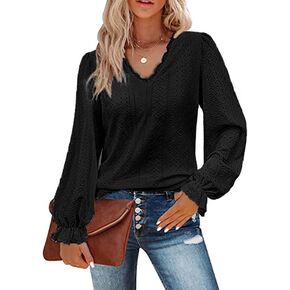 Nommo Women's Fashion Long Sleeve Hollow Ruffle Sleeve T Shirt Eyelet Dressy Casual V Neck Tops Blouse