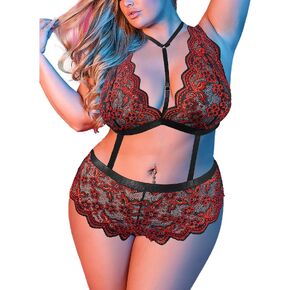 EVELUST Plus Size Lingerie Set for Women, Sexy Choker Lace Scallop Bralettes & High Waisted Panties One Piece Teddy Bodysuit