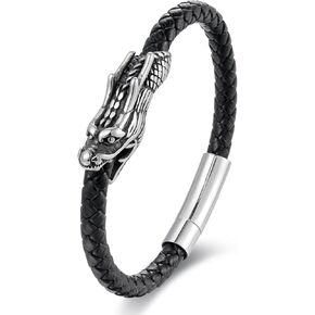 BIYONGDE Black Braided Leather Bangle Bracelet, Vintage Dragon Head fortune lucky protection, Steel Spring Clasp, Mens Womens, Unique in Saudi Arabia
