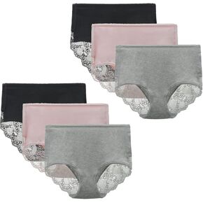 EVROU Women's Cotton High-Leg Brief Panty with Lace Back Coverage Full Rise Briefs Knicker Underwear Pack of 6