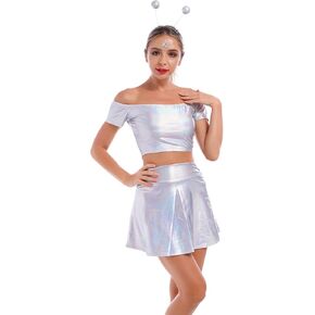 Women's Shiny Metallic Dress Off shoulder/Sleeveless Crop Top + Flared A-Line Skirt + Alien Headband 3 Piece Club Party Musical Festival Halloween Costume Outfit Holographic - off shoulder Small in Saudi Arabia