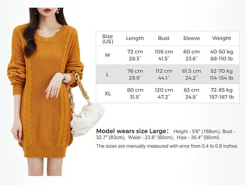 LINY XIN Women's 2023 Oversized Fall Winter Warm Crewneck Long Sleeve Knit Cable Long Pullover Merino Wool Sweater Dress in Kuwait