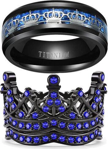Ringcrown Couple Rings Black Crown Matching Ring Bridal Sets Blue Cz Womens Wedding Ring Sets for Him and Her Wedding Bands in Kuwait