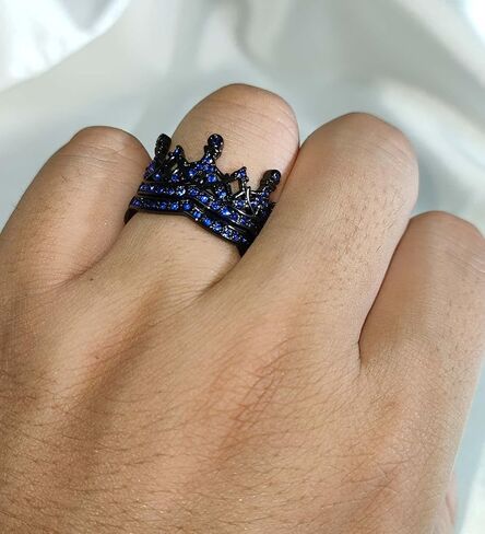 Ringcrown Couple Rings Black Crown Matching Ring Bridal Sets Blue Cz Womens Wedding Ring Sets for Him and Her Wedding Bands in Kuwait