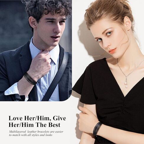 Leather Bracelets for Men Women Inspirational Gifts for Him Her Handmade Black Braided Motivational Birthday Gift for Boyfriend Husband Dad Anniversary Christmas Mens Stocking Stuffers in Kuwait