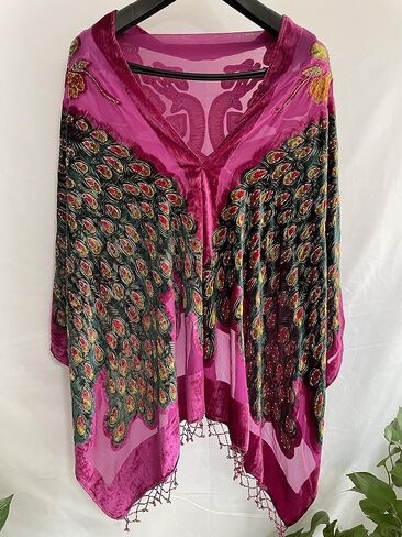Peacock Velvet Shawl with Fringe Beaded Shawl for Women Peacock scarf Handmade Beading Indian Wraps for wome Tassel in Kuwait