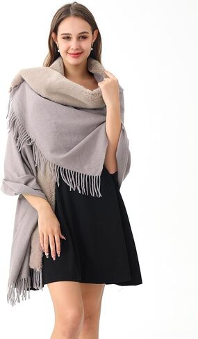 Women's Winter Pashmina Shawl Wrap with Faux Fur Trim Poncho Ruana Cape for Bridesmaid Wedding Bridal Fringe long large scarf in Kuwait