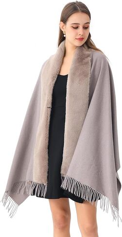 Women's Winter Pashmina Shawl Wrap with Faux Fur Trim Poncho Ruana Cape for Bridesmaid Wedding Bridal Fringe long large scarf in Kuwait