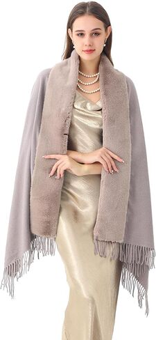 Women's Winter Pashmina Shawl Wrap with Faux Fur Trim Poncho Ruana Cape for Bridesmaid Wedding Bridal Fringe long large scarf in Kuwait