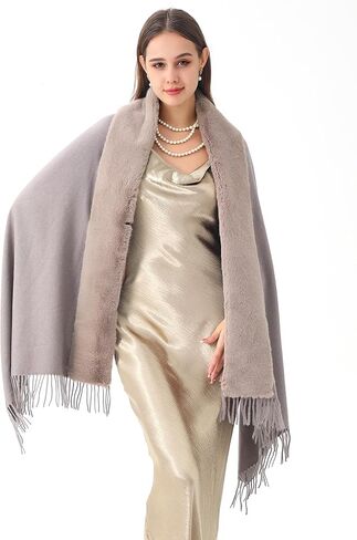 Women's Winter Pashmina Shawl Wrap with Faux Fur Trim Poncho Ruana Cape for Bridesmaid Wedding Bridal Fringe long large scarf in Kuwait